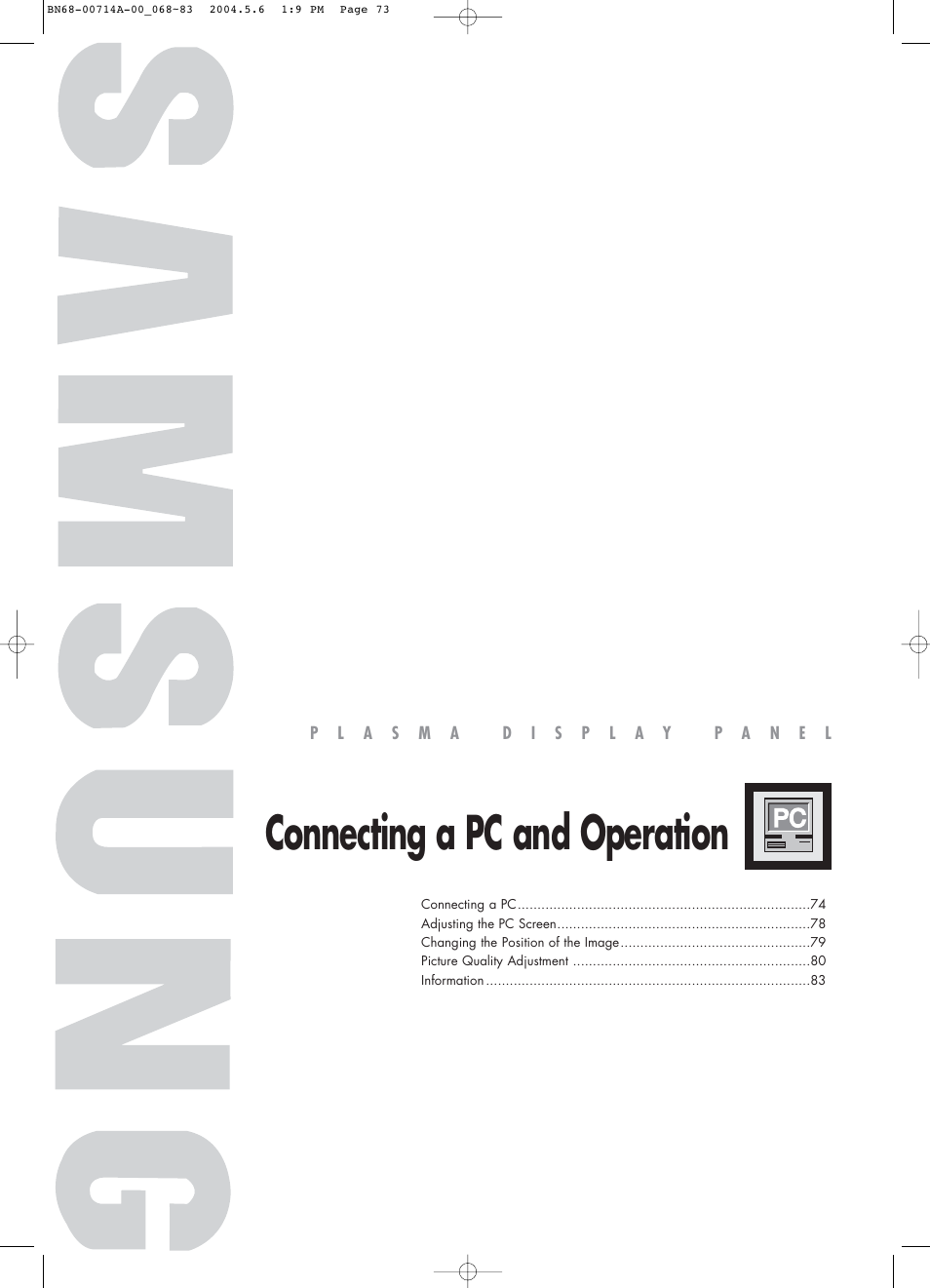 Connecting a pc and operation | Samsung HPP5031X-XAC User Manual | Page 73 / 110