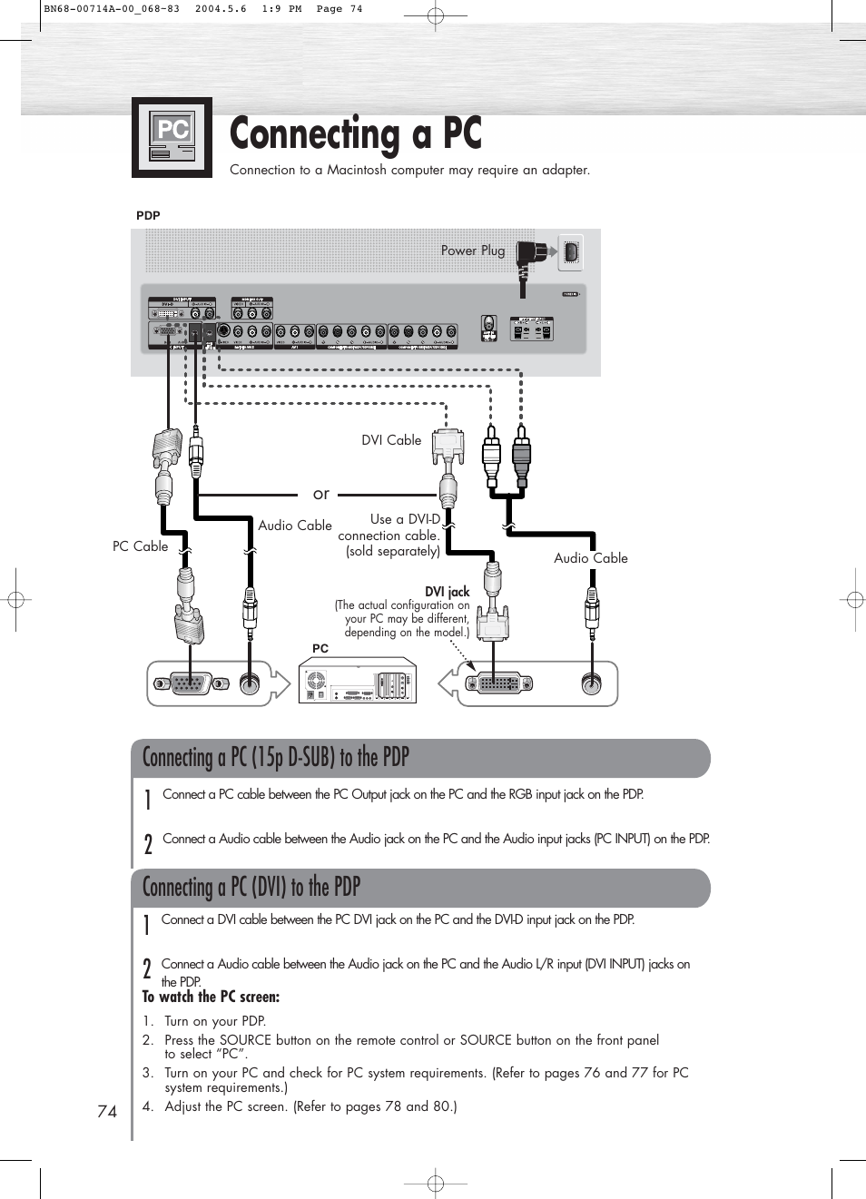 Connecting a pc | Samsung HPP5031X-XAC User Manual | Page 74 / 110