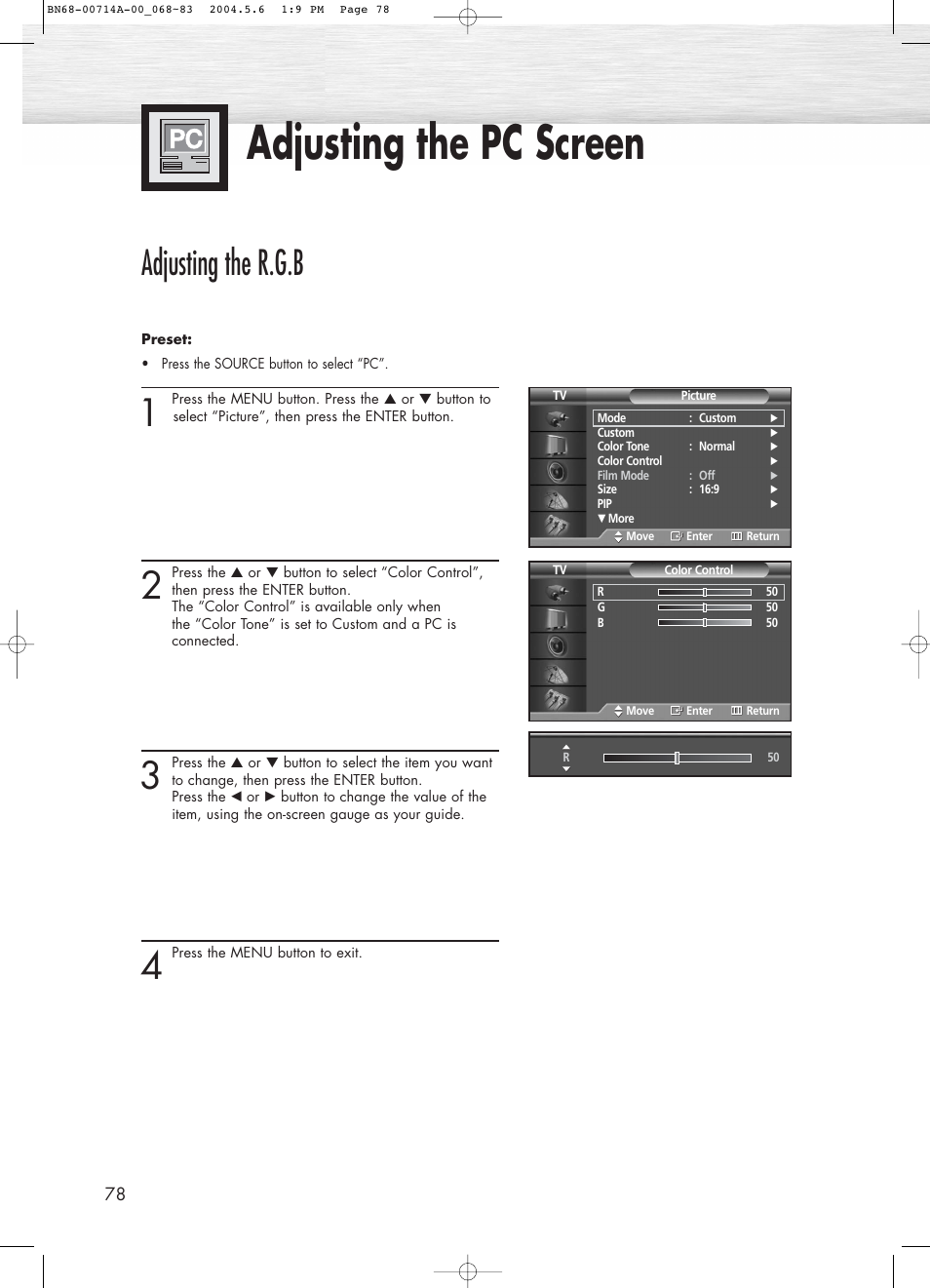 Adjusting the pc screen, Adjusting the r.g.b | Samsung HPP5031X-XAC User Manual | Page 78 / 110