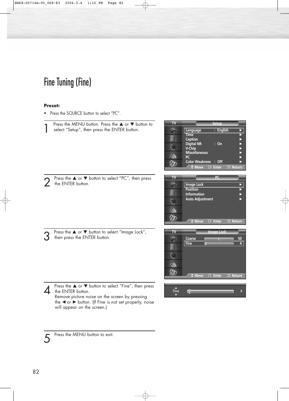 Fine tuning (fine) | Samsung HPP5031X-XAC User Manual | Page 82 / 110