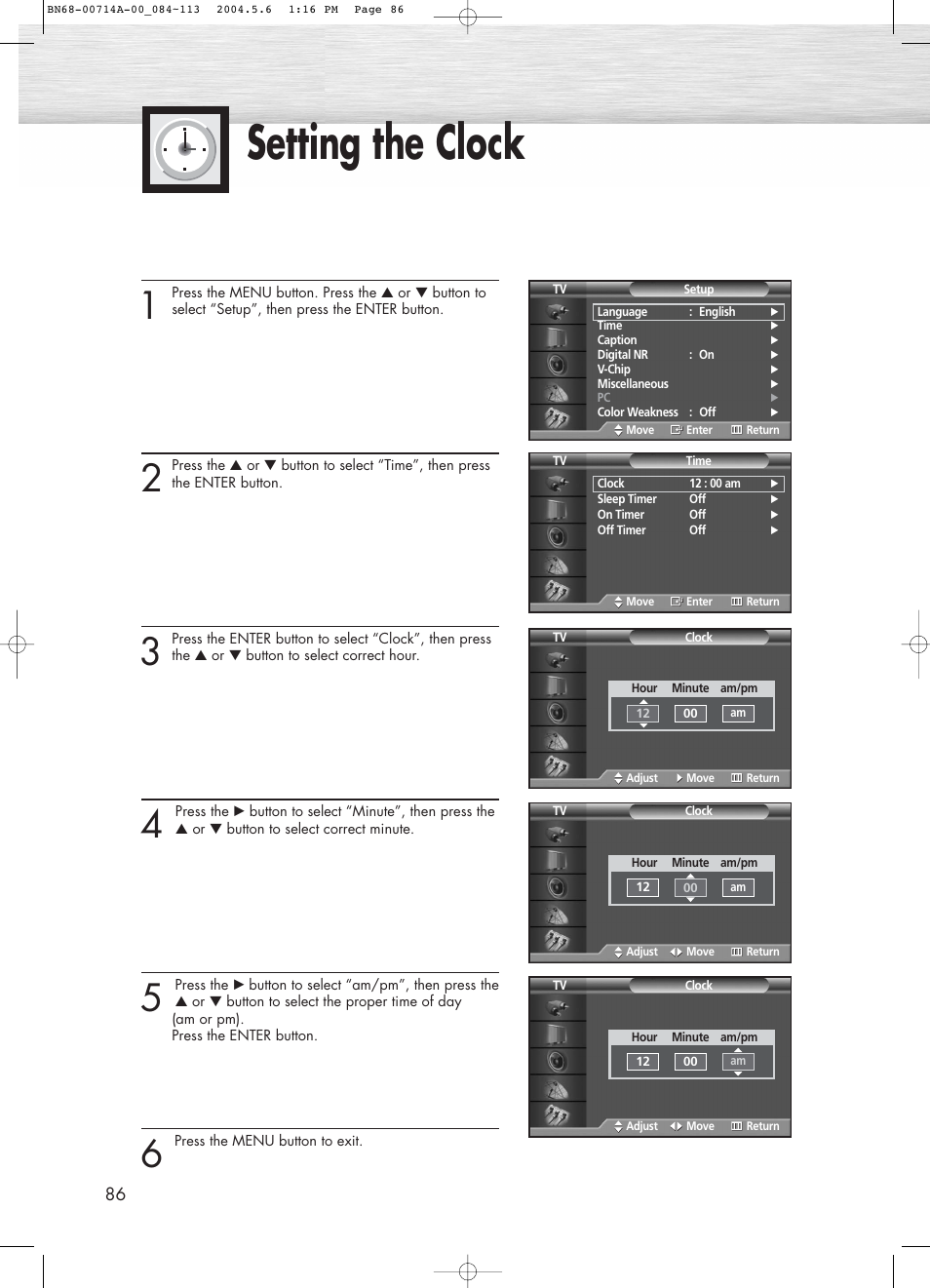 Setting the clock | Samsung HPP5031X-XAC User Manual | Page 86 / 110