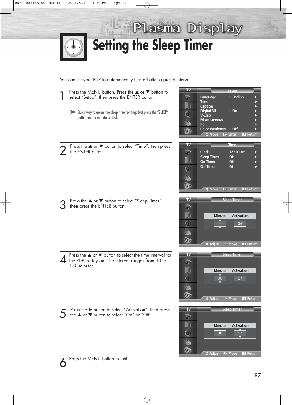 Setting the sleep timer | Samsung HPP5031X-XAC User Manual | Page 87 / 110