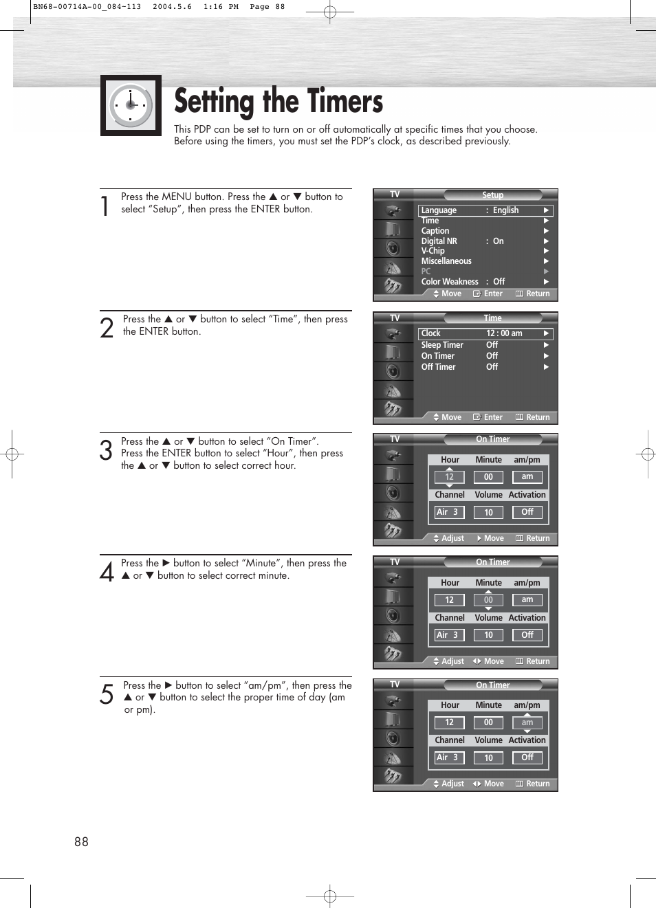 Setting the timers | Samsung HPP5031X-XAC User Manual | Page 88 / 110