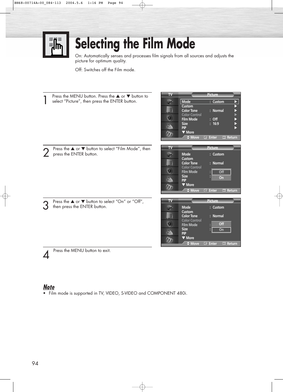 Selecting the film mode | Samsung HPP5031X-XAC User Manual | Page 94 / 110