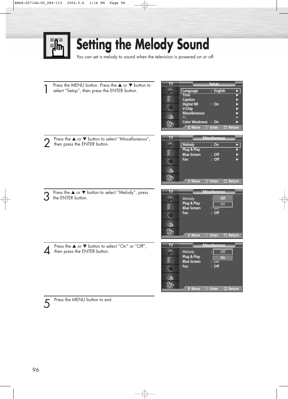 Setting the melody sound | Samsung HPP5031X-XAC User Manual | Page 96 / 110