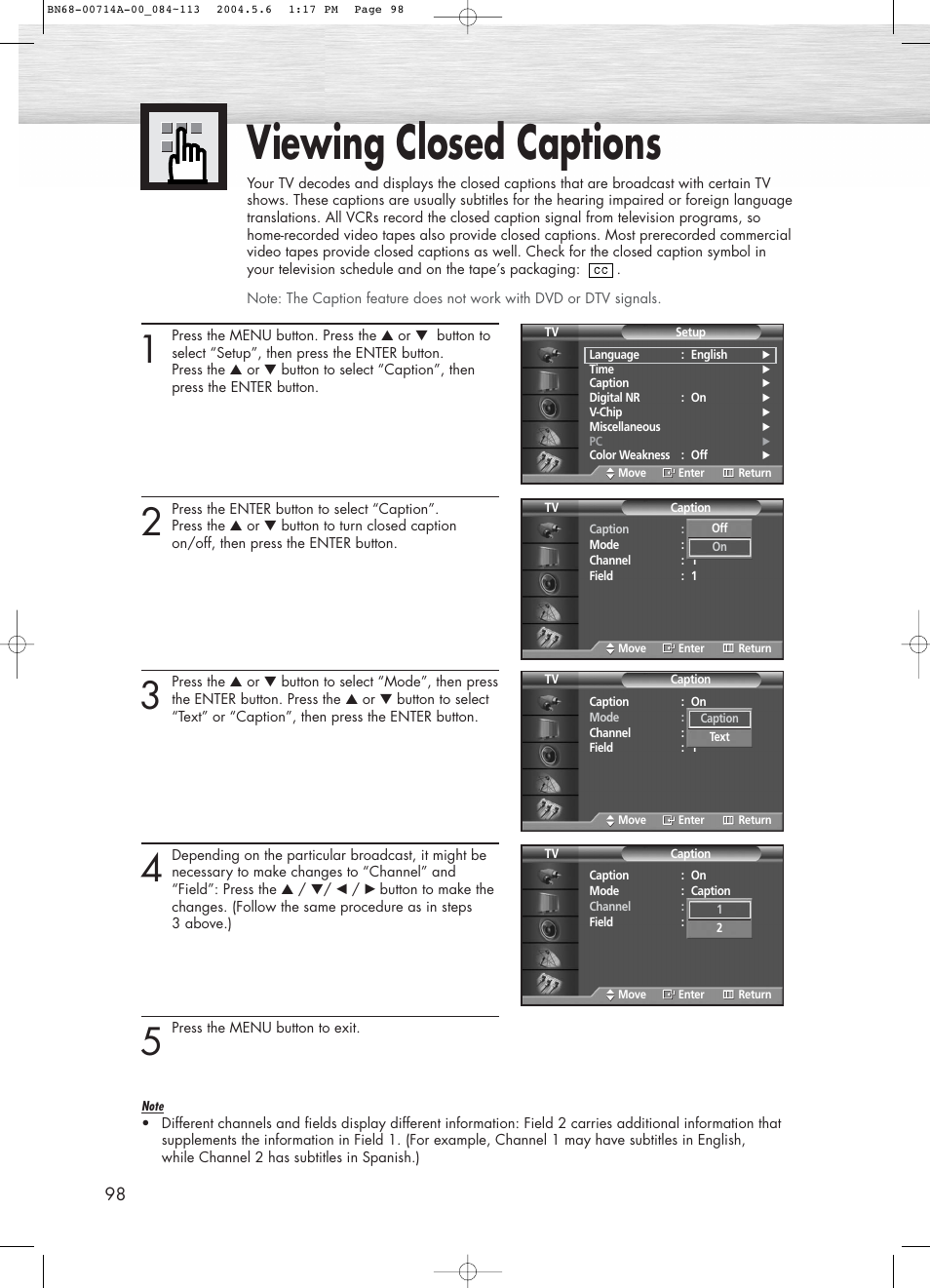 Viewing closed captions | Samsung HPP5031X-XAC User Manual | Page 98 / 110