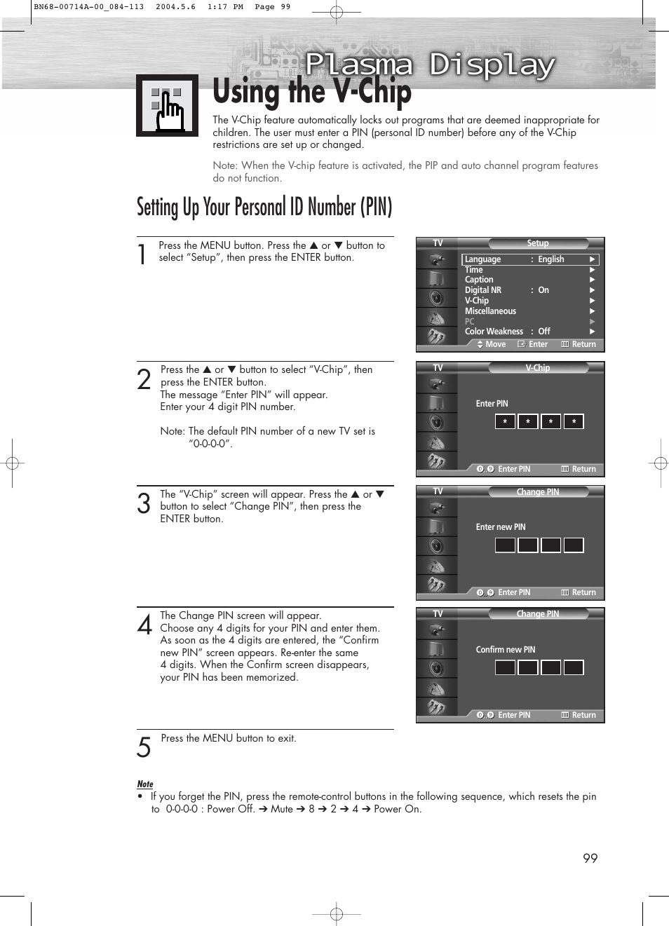 Using the v-chip, Setting up your personal id number (pin) | Samsung HPP5031X-XAC User Manual | Page 99 / 110