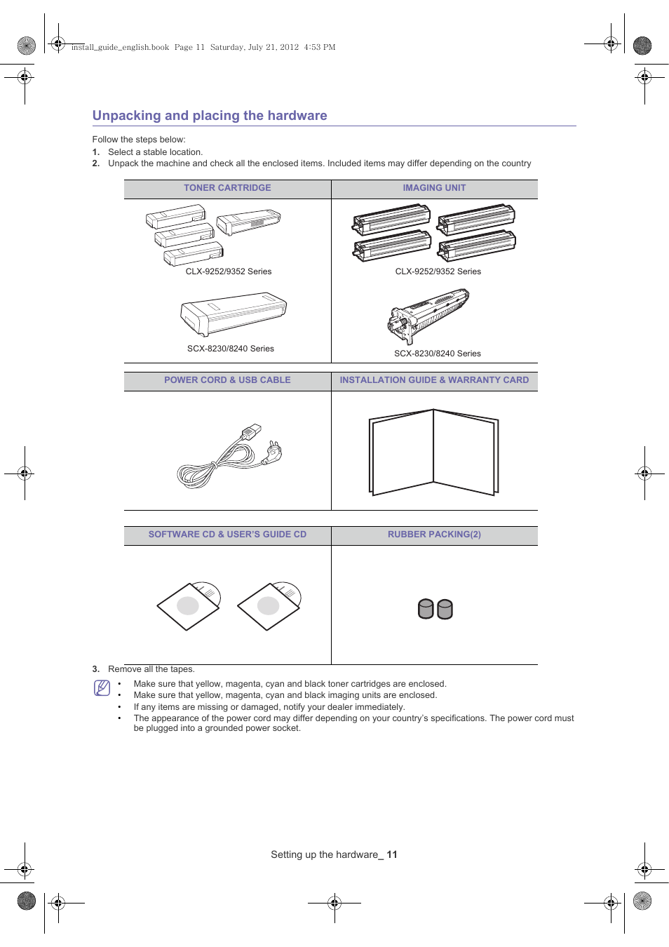 Unpacking and placing the hardware, Select a stable location | Samsung SCX-8240NA-XAA User Manual | Page 12 / 61