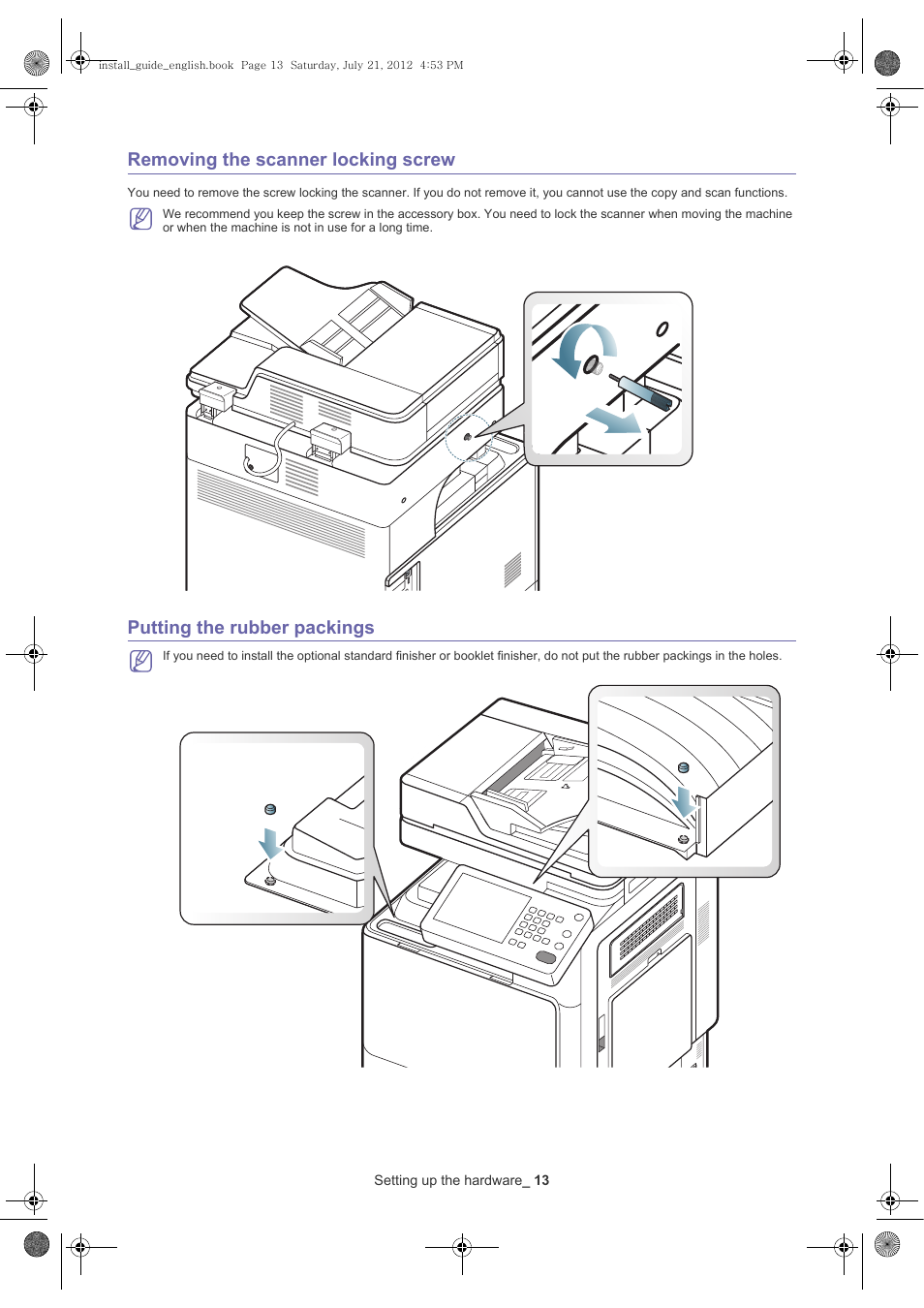 Removing the scanner locking screw, Putting the rubber packings | Samsung SCX-8240NA-XAA User Manual | Page 14 / 61