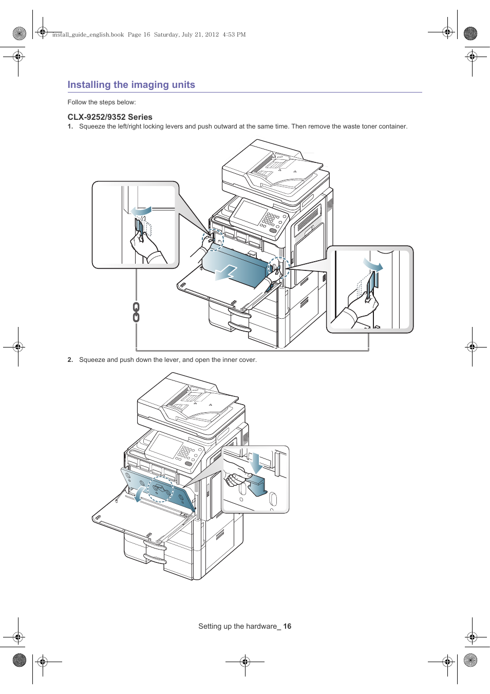 Installing the imaging units, Clx-9252/9352 series | Samsung SCX-8240NA-XAA User Manual | Page 17 / 61