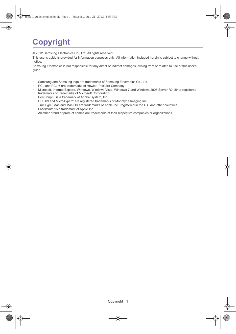 Copyright | Samsung SCX-8240NA-XAA User Manual | Page 2 / 61