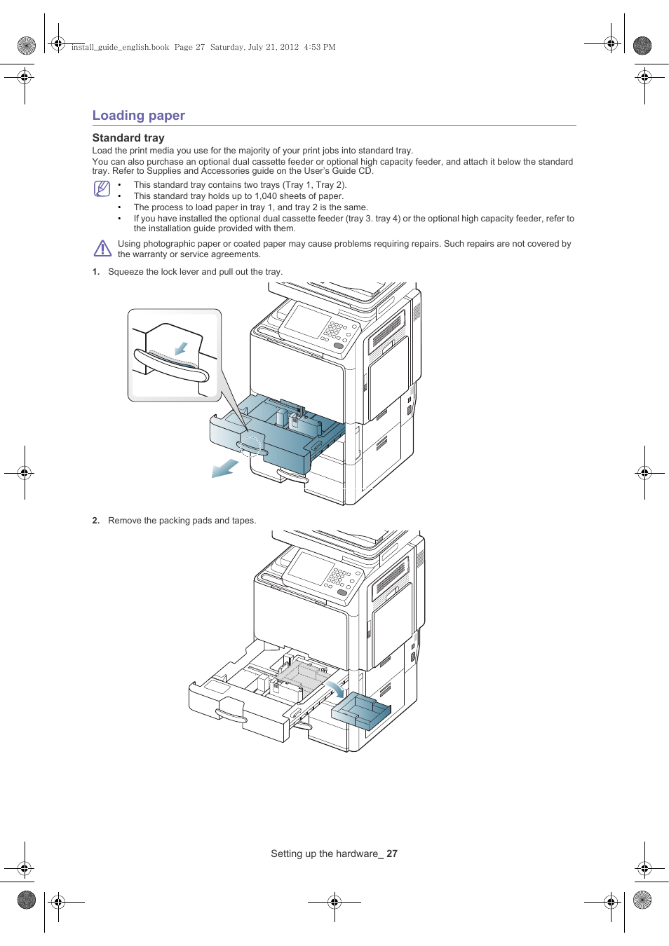 Loading paper, Standard tray, Squeeze the lock lever and pull out the tray | Samsung SCX-8240NA-XAA User Manual | Page 28 / 61