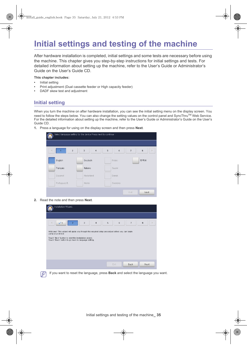 Initial settings and testing of the machine, This chapter includes, Initial setting | Samsung SCX-8240NA-XAA User Manual | Page 36 / 61