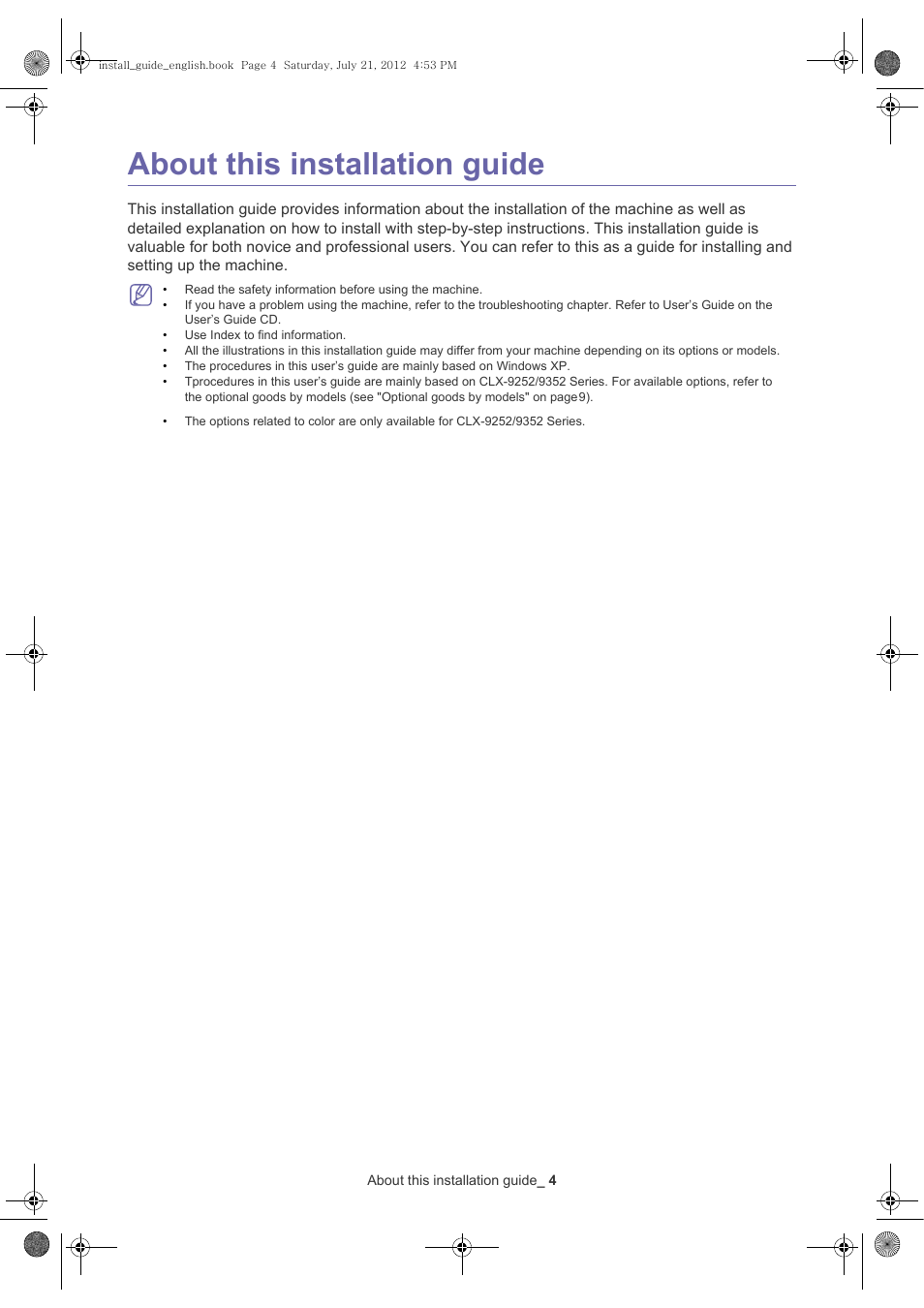About this installation guide | Samsung SCX-8240NA-XAA User Manual | Page 5 / 61
