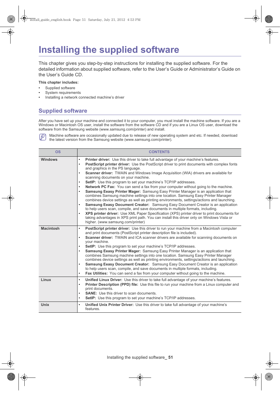 Installing the supplied software, This chapter includes, Supplied software | Samsung SCX-8240NA-XAA User Manual | Page 52 / 61