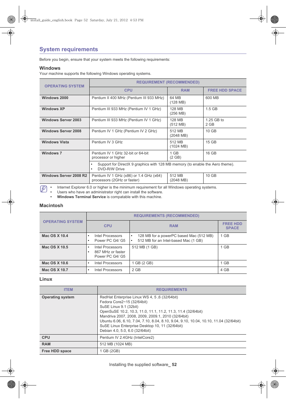 System requirements, Windows, Macintosh | Linux | Samsung SCX-8240NA-XAA User Manual | Page 53 / 61