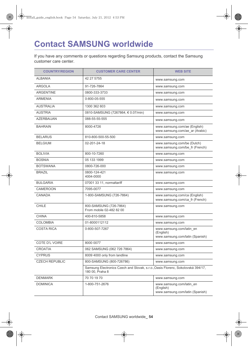 Contact samsung worldwide | Samsung SCX-8240NA-XAA User Manual | Page 55 / 61
