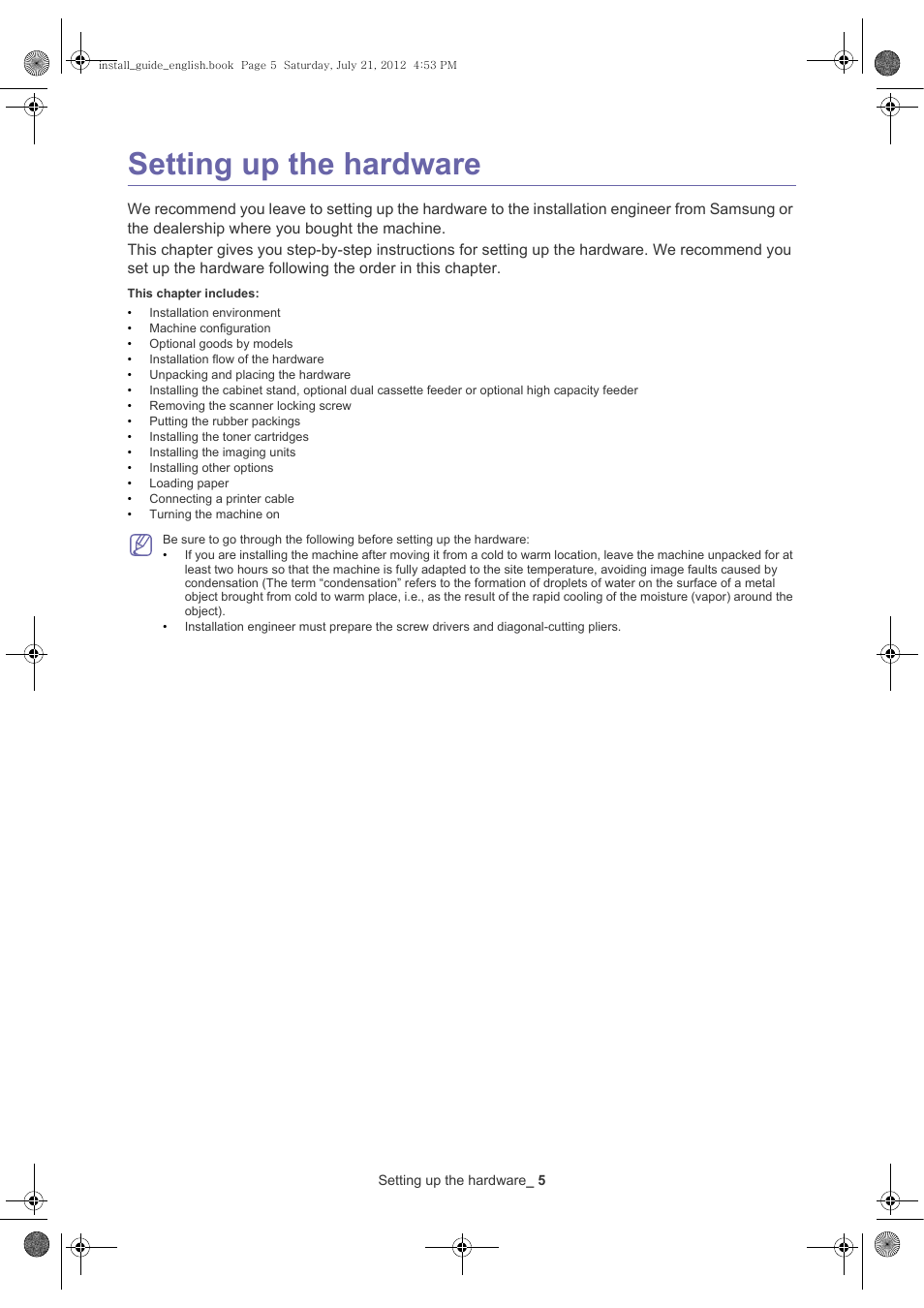 Setting up the hardware, This chapter includes | Samsung SCX-8240NA-XAA User Manual | Page 6 / 61