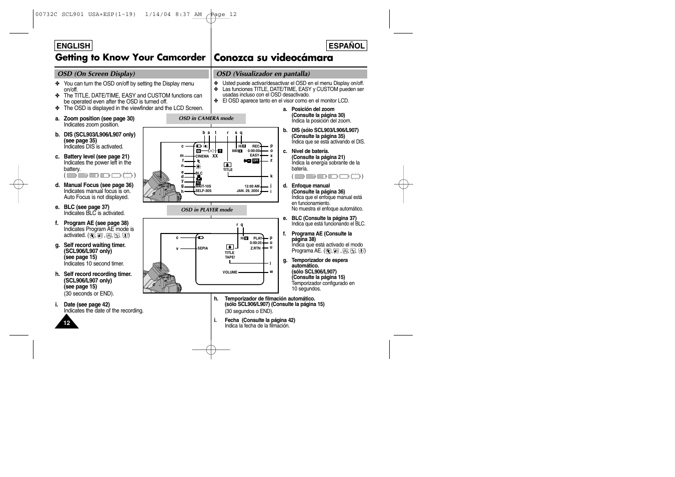 Conozca su videocámara, Getting to know your camcorder | Samsung SC-L906-XAP User Manual | Page 12 / 71