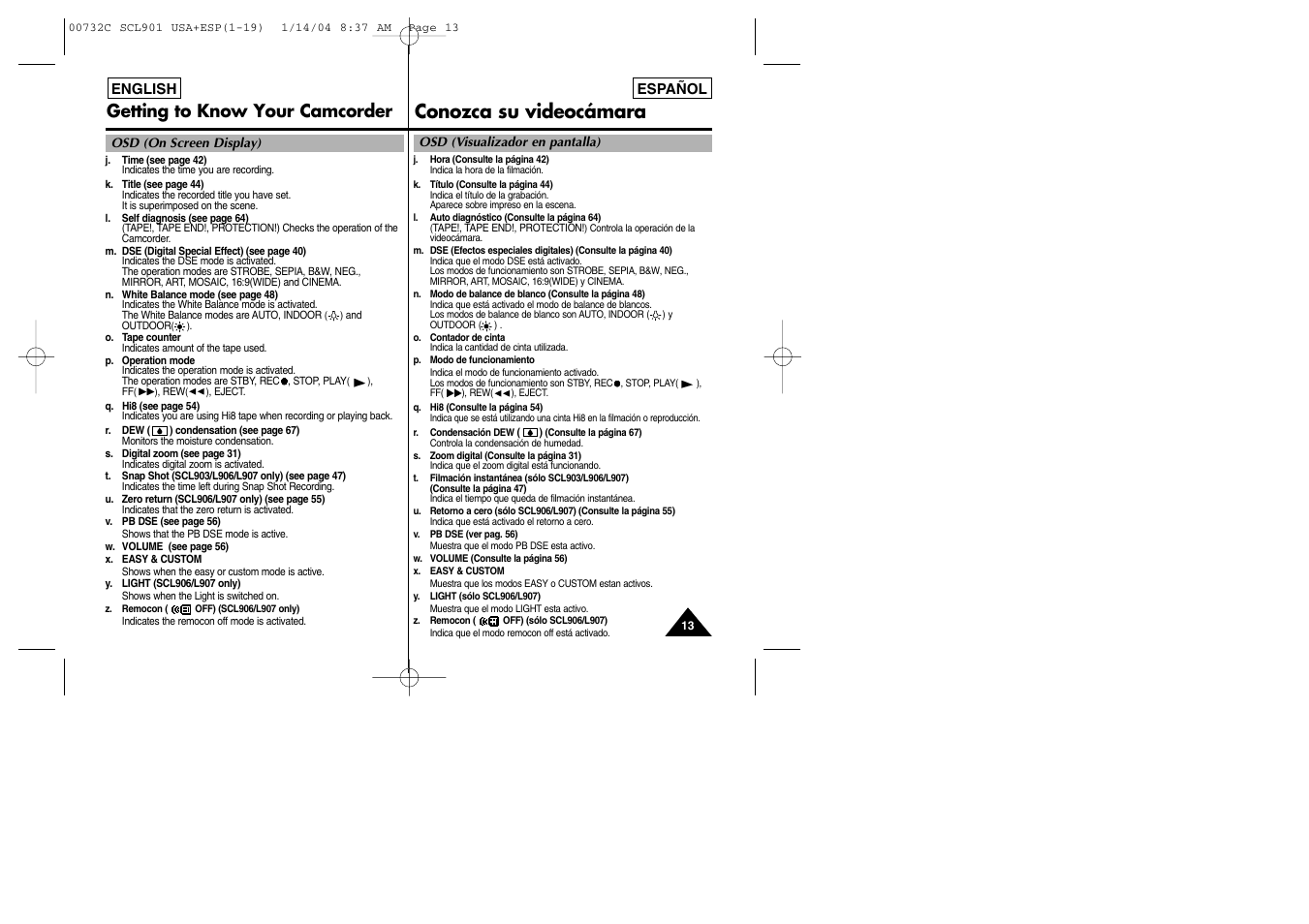 Conozca su videocámara, Getting to know your camcorder | Samsung SC-L906-XAP User Manual | Page 13 / 71
