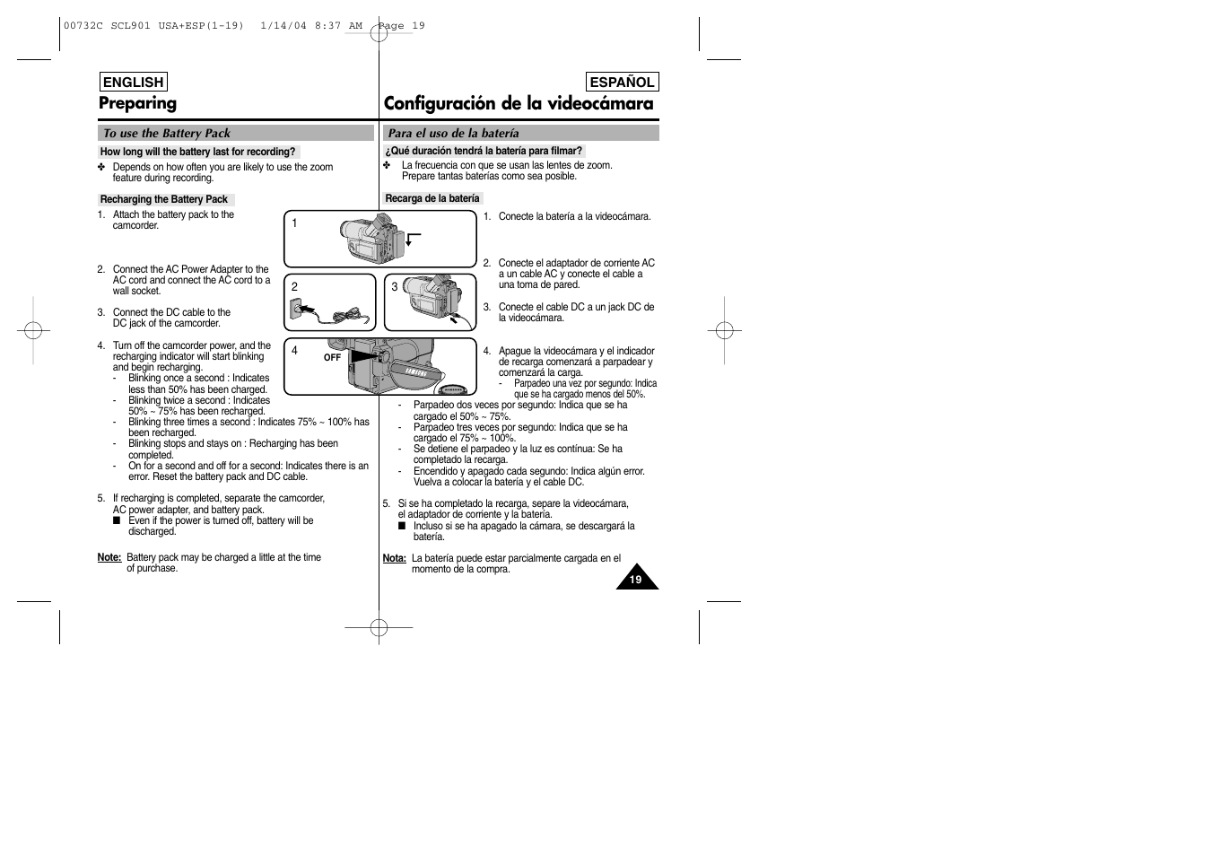 Configuración de la videocámara, Preparing | Samsung SC-L906-XAP User Manual | Page 19 / 71