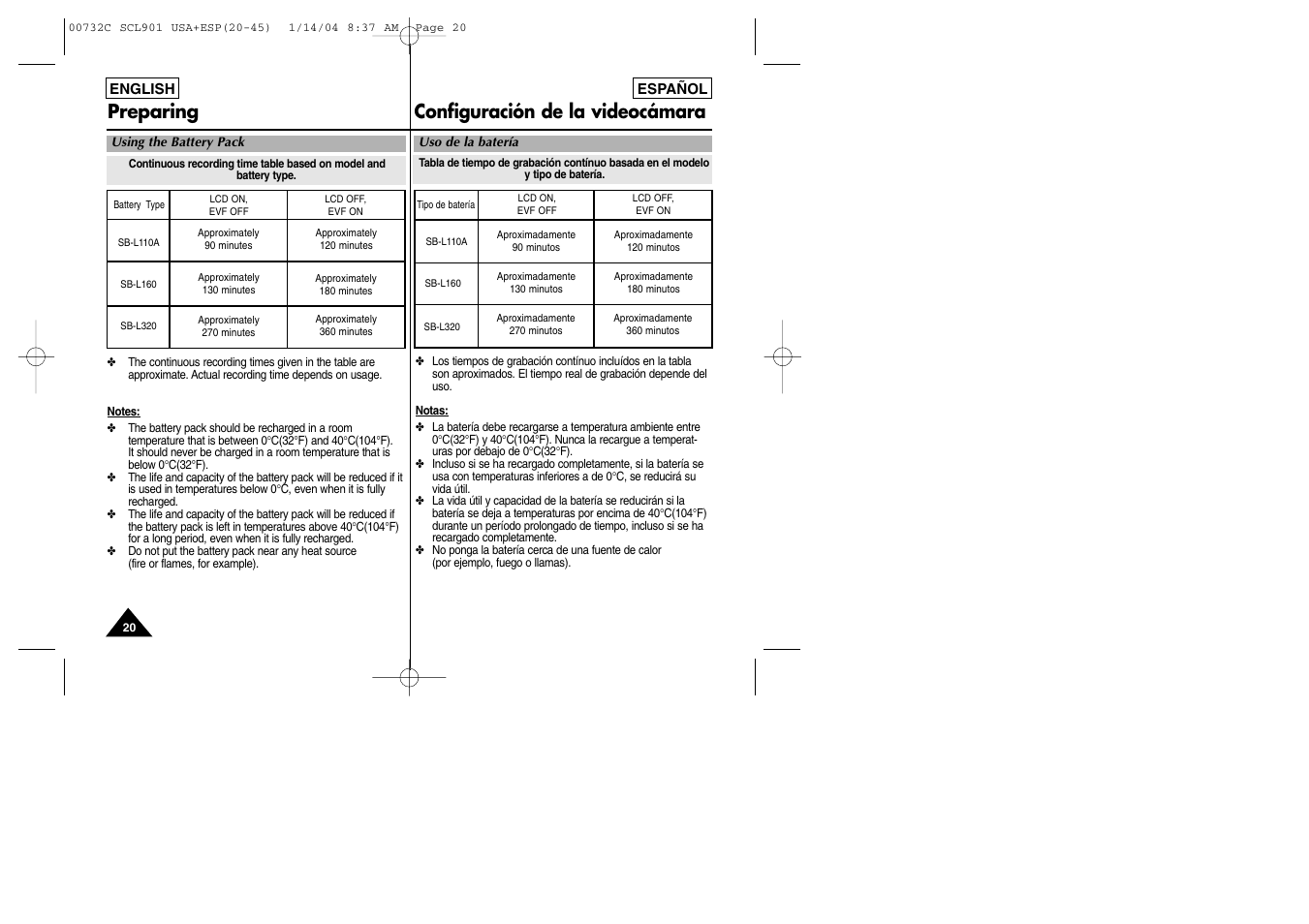 Preparing configuración de la videocámara | Samsung SC-L906-XAP User Manual | Page 20 / 71