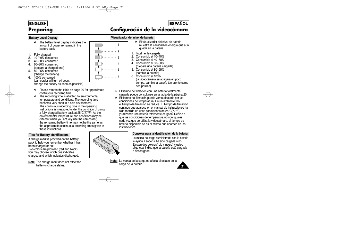 Preparing, Configuración de la videocámara | Samsung SC-L906-XAP User Manual | Page 21 / 71