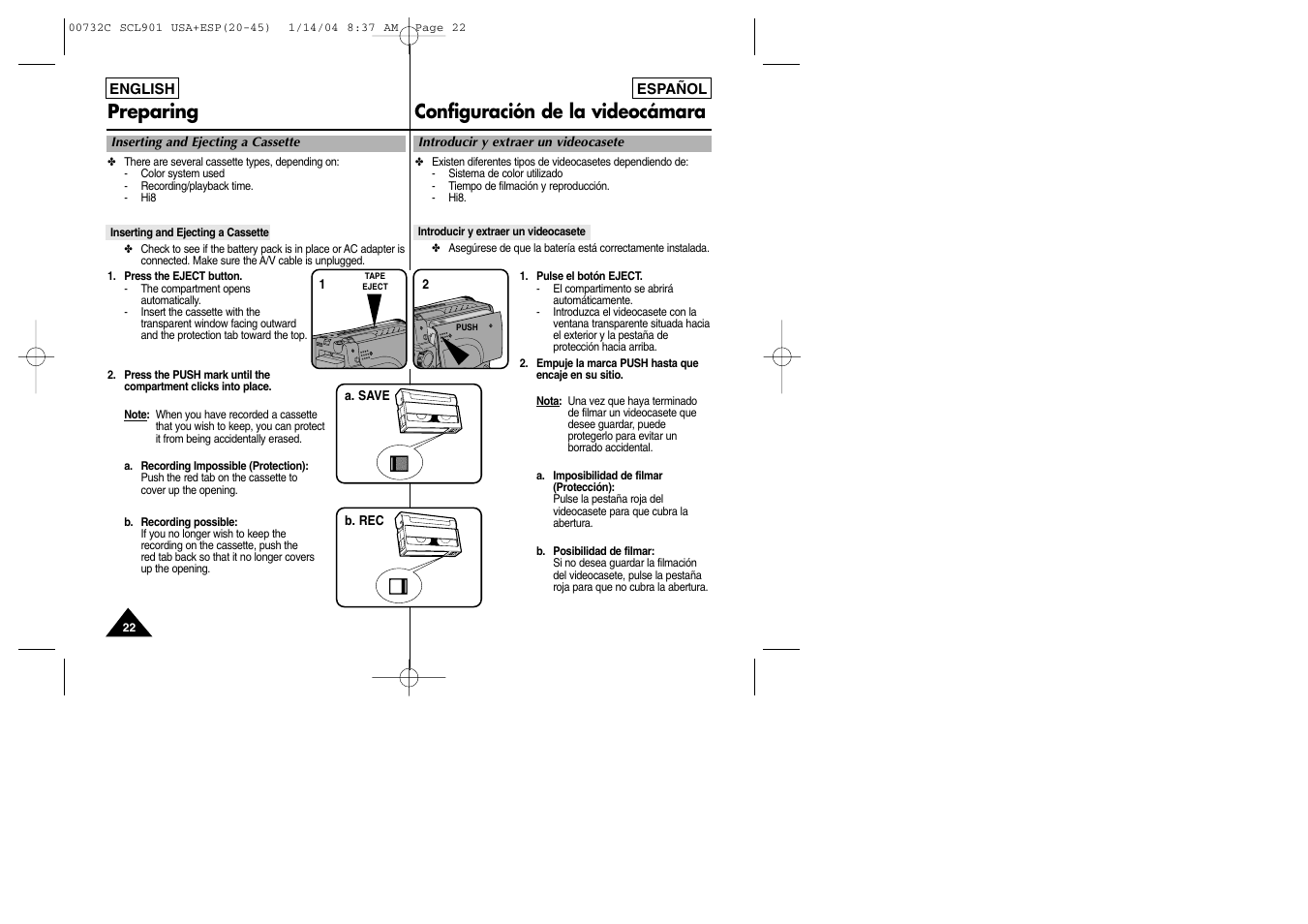 Preparing configuración de la videocámara | Samsung SC-L906-XAP User Manual | Page 22 / 71