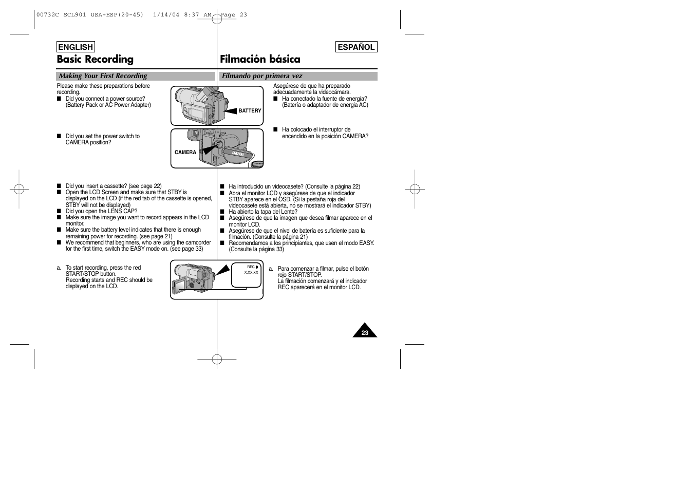 Basic recording filmación básica | Samsung SC-L906-XAP User Manual | Page 23 / 71