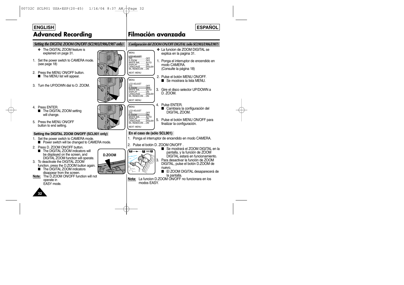 Advanced recording filmación avanzada | Samsung SC-L906-XAP User Manual | Page 32 / 71