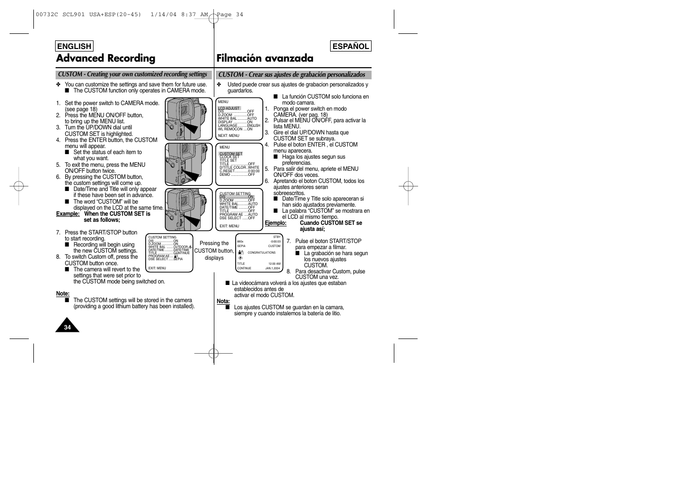 Advanced recording filmación avanzada | Samsung SC-L906-XAP User Manual | Page 34 / 71