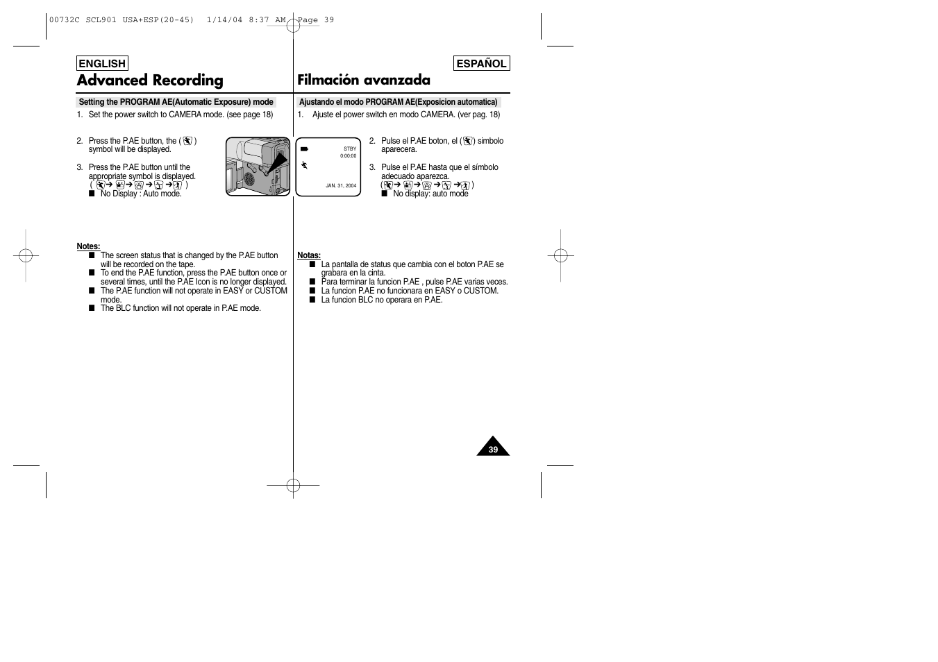 Advanced recording, Filmación avanzada | Samsung SC-L906-XAP User Manual | Page 39 / 71