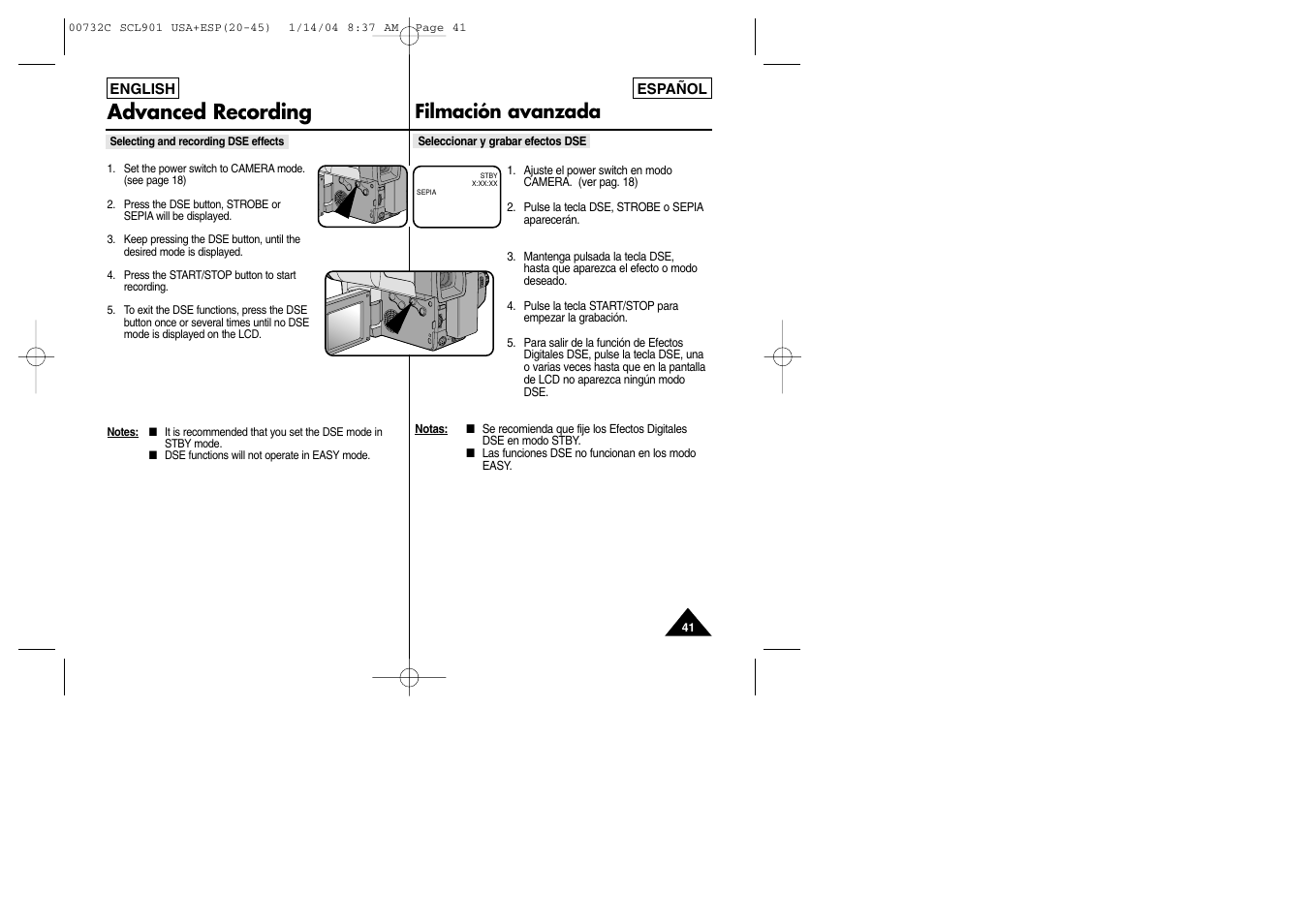 Advanced recording, Filmación avanzada | Samsung SC-L906-XAP User Manual | Page 41 / 71