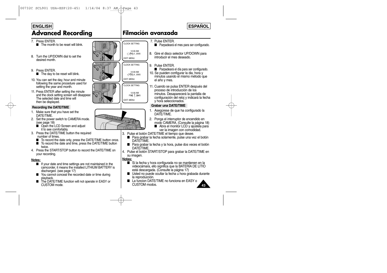 Advanced recording, Filmación avanzada | Samsung SC-L906-XAP User Manual | Page 43 / 71