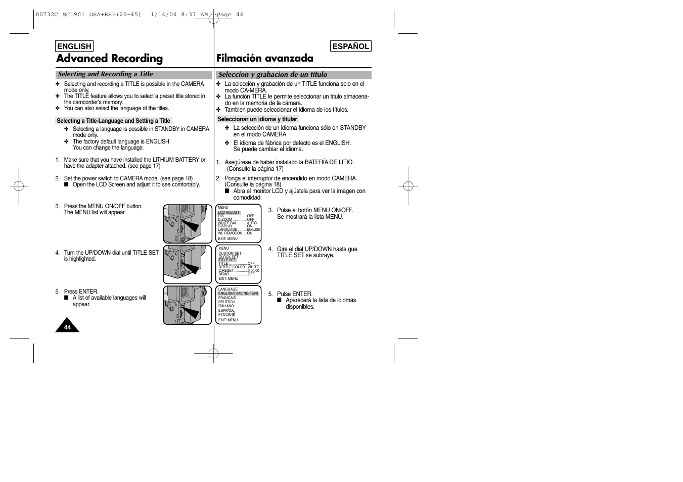 Advanced recording, Filmación avanzada | Samsung SC-L906-XAP User Manual | Page 44 / 71