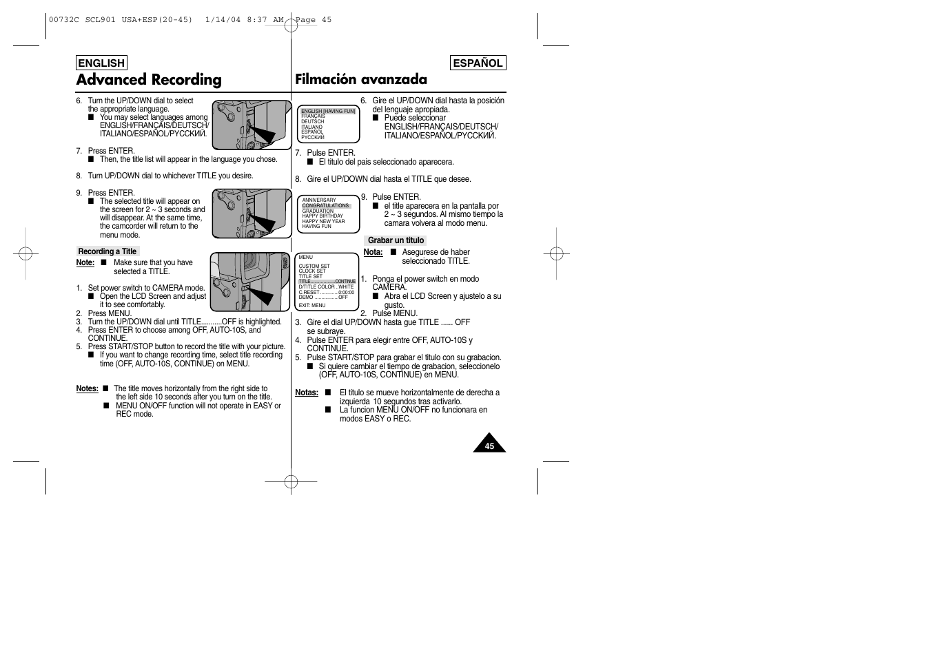 Advanced recording, Filmación avanzada | Samsung SC-L906-XAP User Manual | Page 45 / 71