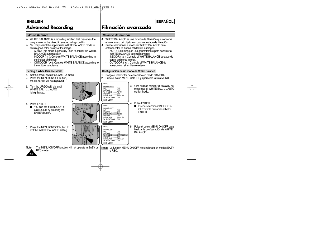 Advanced recording filmación avanzada | Samsung SC-L906-XAP User Manual | Page 48 / 71