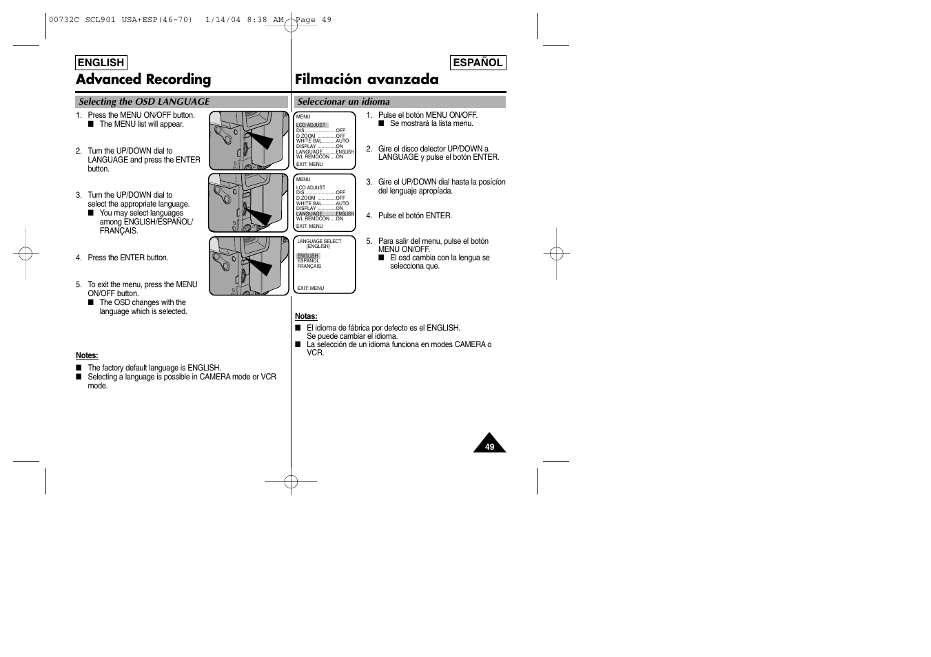 Advanced recording filmación avanzada | Samsung SC-L906-XAP User Manual | Page 49 / 71