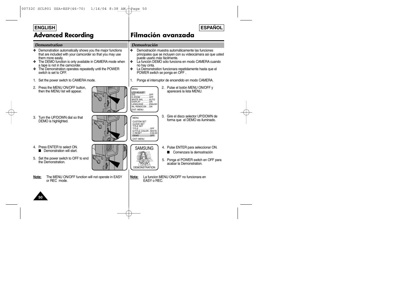 Advanced recording filmación avanzada | Samsung SC-L906-XAP User Manual | Page 50 / 71