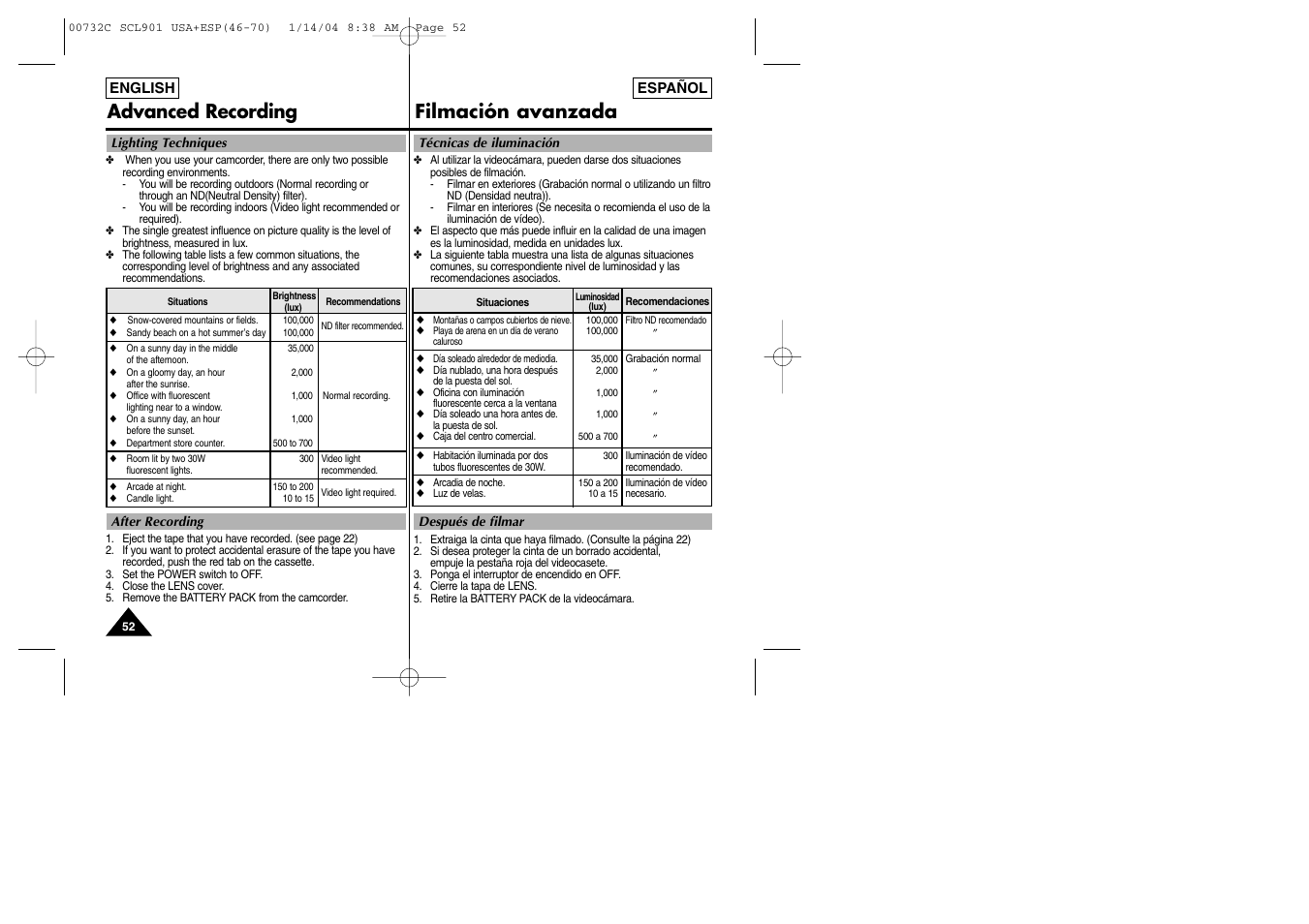 Advanced recording filmación avanzada | Samsung SC-L906-XAP User Manual | Page 52 / 71