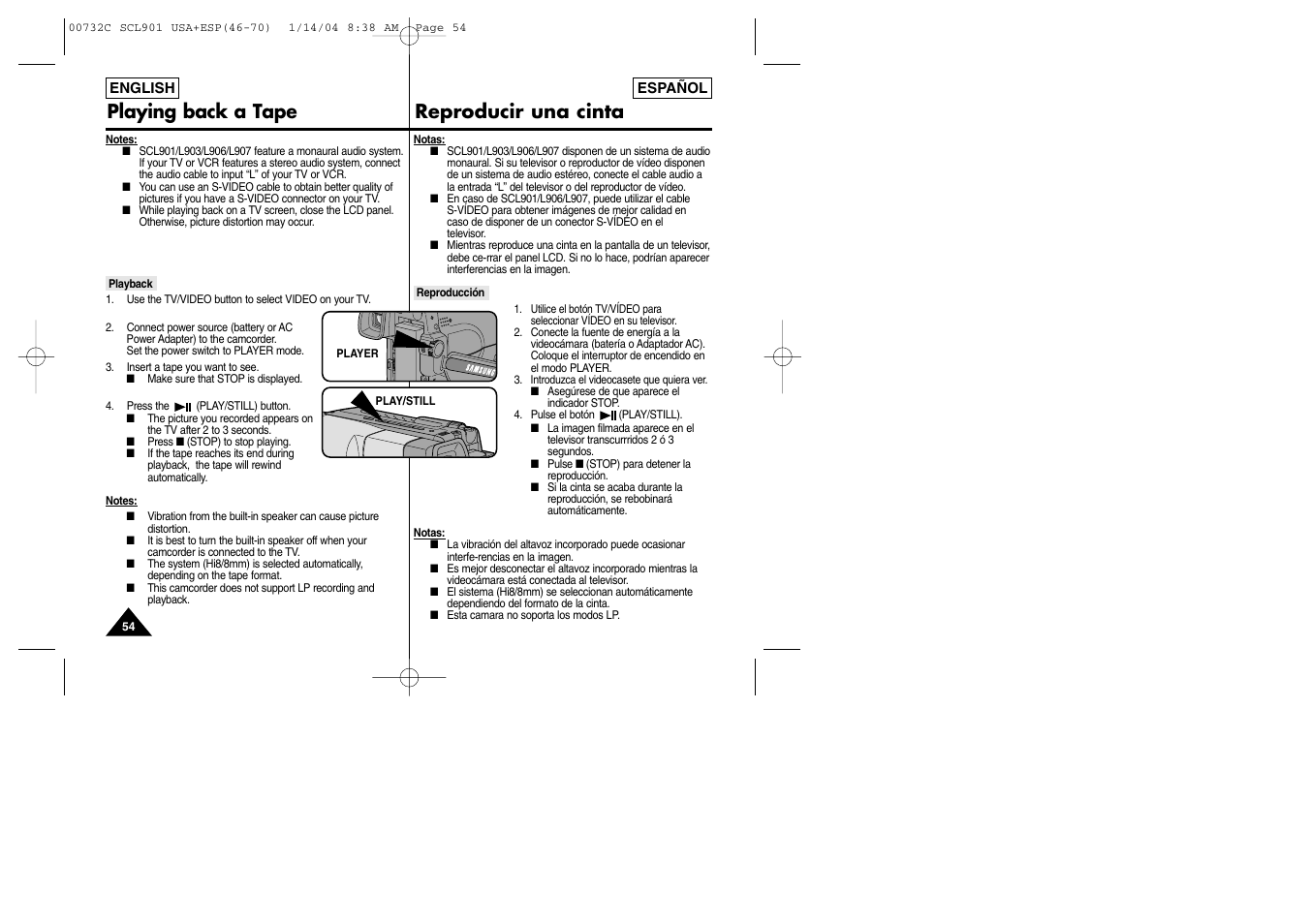 Playing back a tape reproducir una cinta | Samsung SC-L906-XAP User Manual | Page 54 / 71