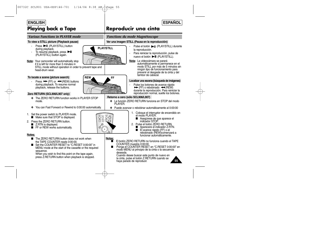 Playing back a tape reproducir una cinta | Samsung SC-L906-XAP User Manual | Page 55 / 71