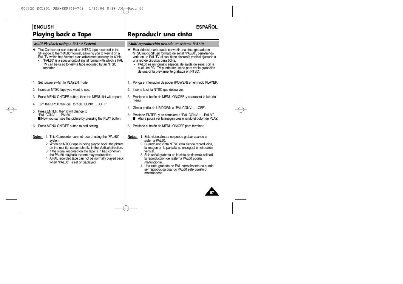 Playing back a tape reproducir una cinta | Samsung SC-L906-XAP User Manual | Page 57 / 71