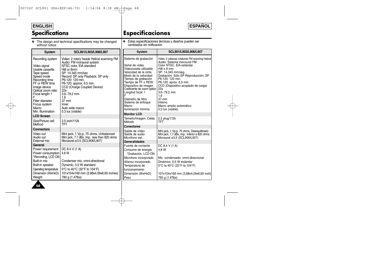 Specifications especificaciones | Samsung SC-L906-XAP User Manual | Page 68 / 71