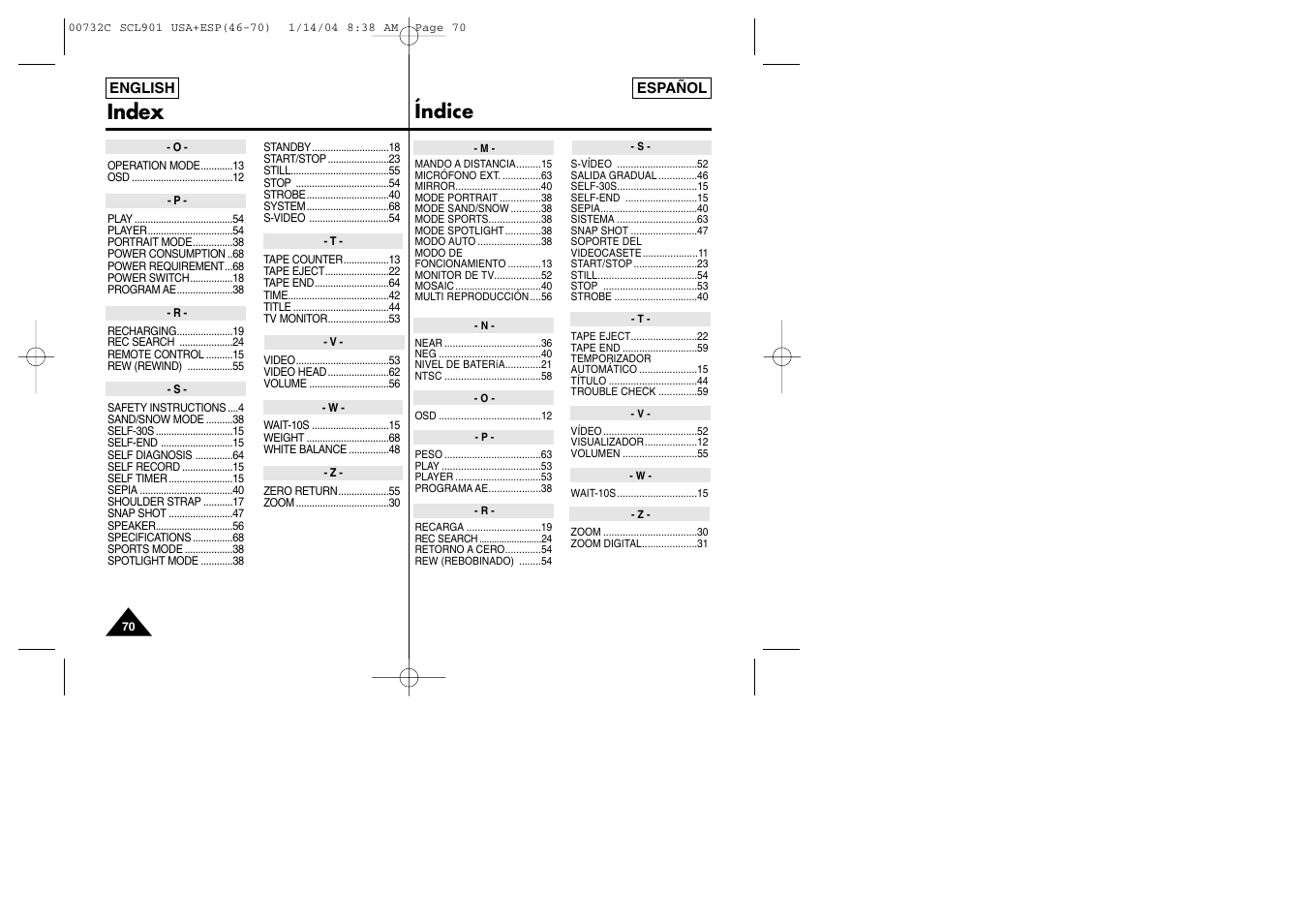 Index, Índice | Samsung SC-L906-XAP User Manual | Page 70 / 71