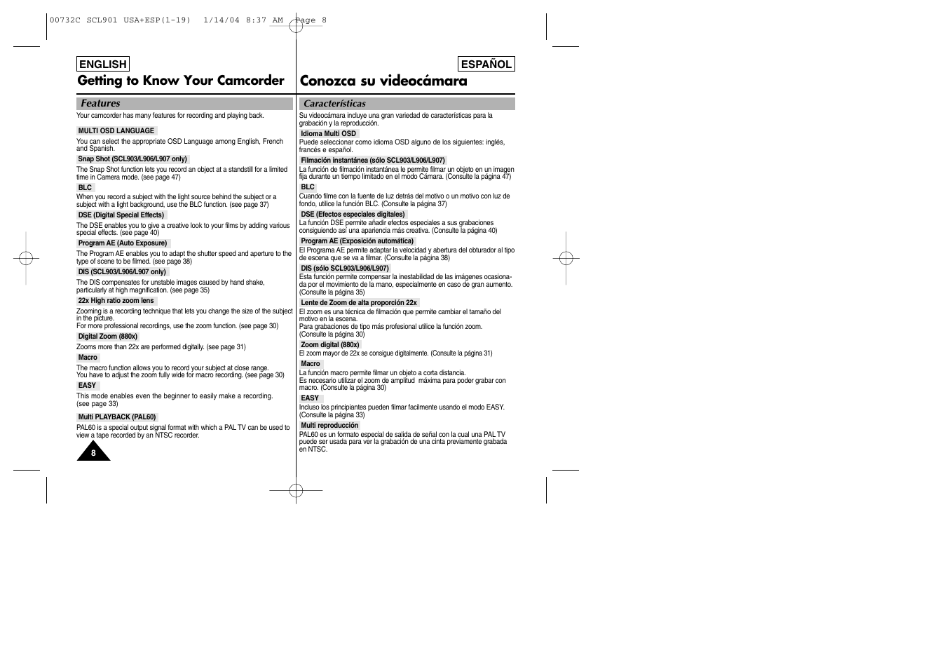 Conozca su videocámara, Getting to know your camcorder | Samsung SC-L906-XAP User Manual | Page 8 / 71