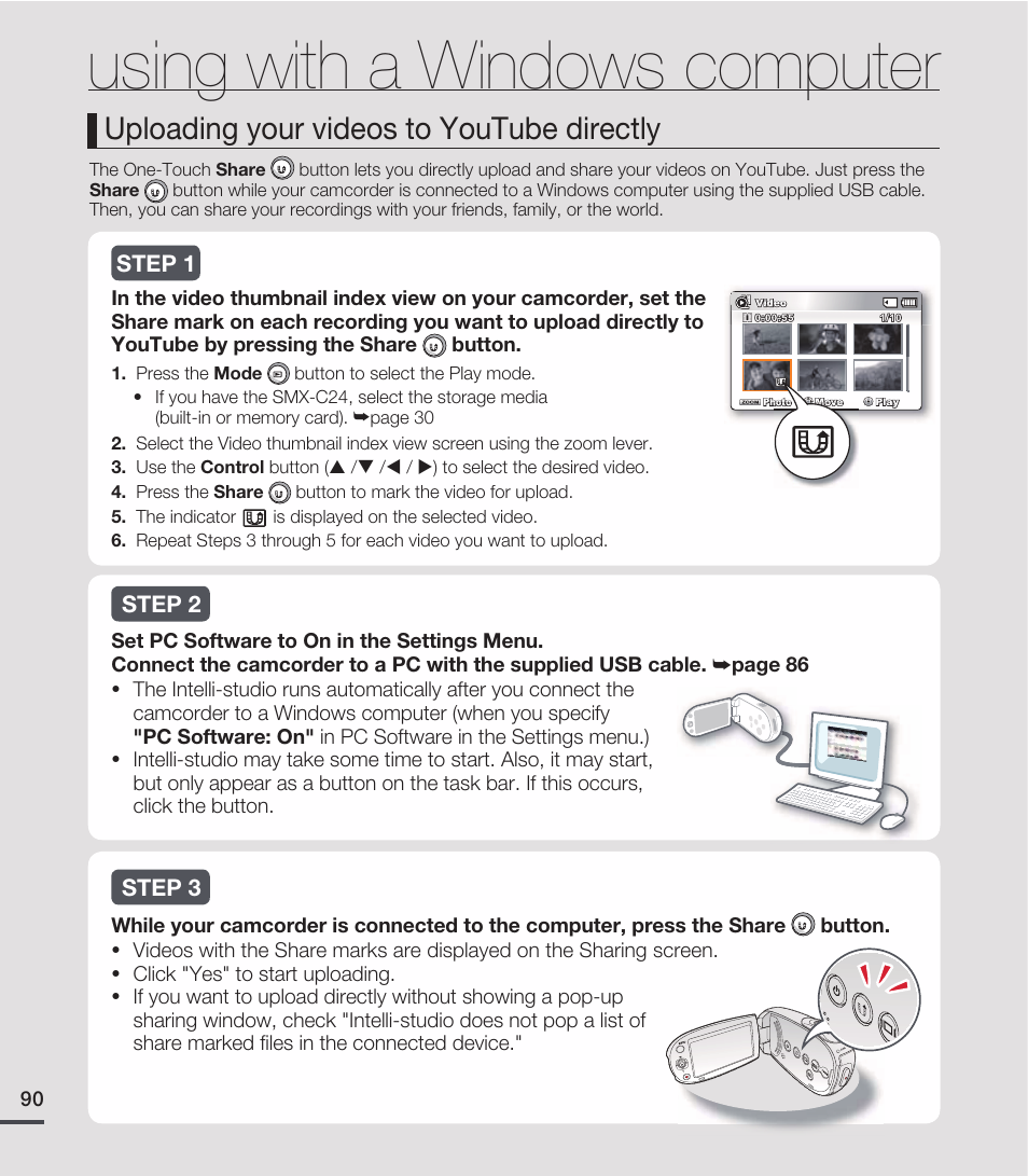 Using with a windows computer, Uploading your videos to youtube directly, Step 1 step 2 step 3 | Samsung SMX-C20RN-XAA User Manual | Page 104 / 125