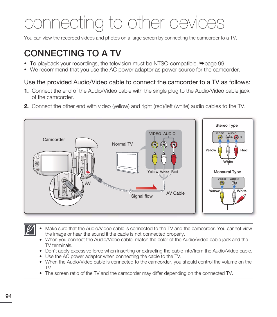 Connecting to other devices, Connecting to a tv | Samsung SMX-C20RN-XAA User Manual | Page 108 / 125