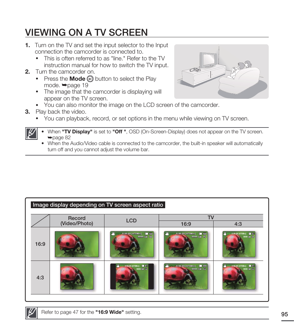 Viewing on a tv screen, Image display depending on tv screen aspect ratio | Samsung SMX-C20RN-XAA User Manual | Page 109 / 125