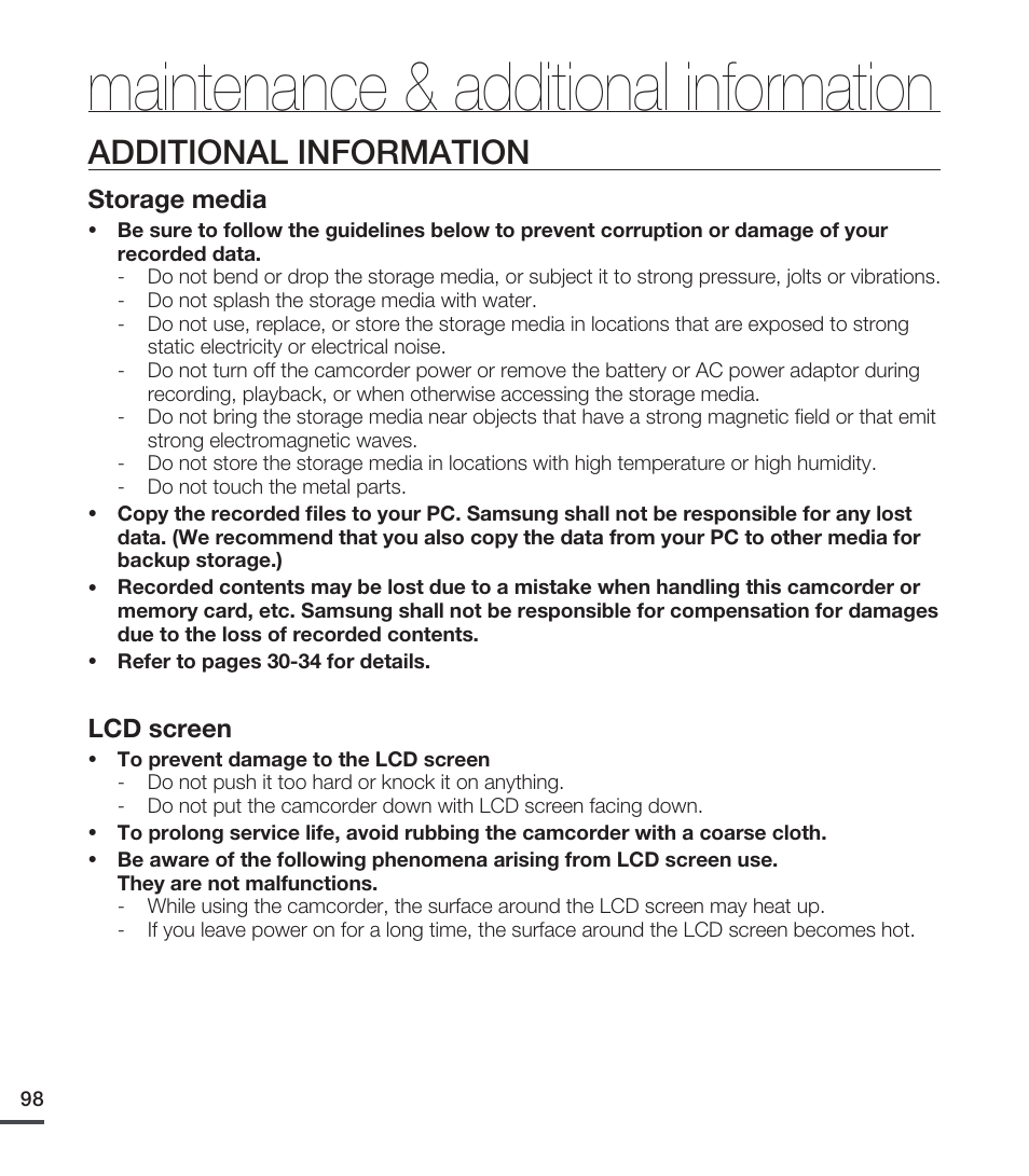 Additi onal in formati on, Maintenance & additional information, Additional information | Samsung SMX-C20RN-XAA User Manual | Page 112 / 125